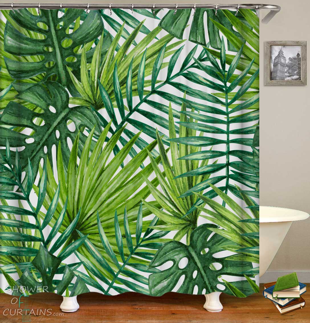 Green Plants Rattan Leaves Shower Curtain Rural Watercolor Art