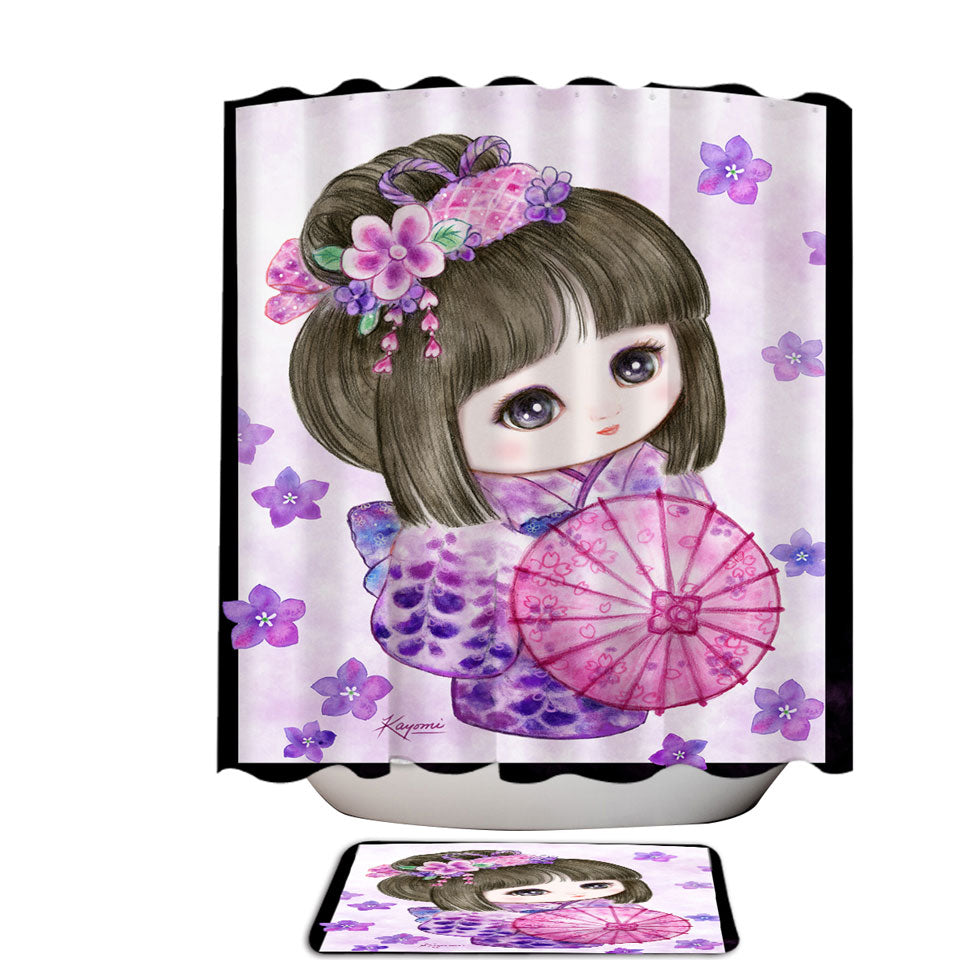 Cute Japanese Girl Wearing Purple Kimono Shower Curtain Shower Of