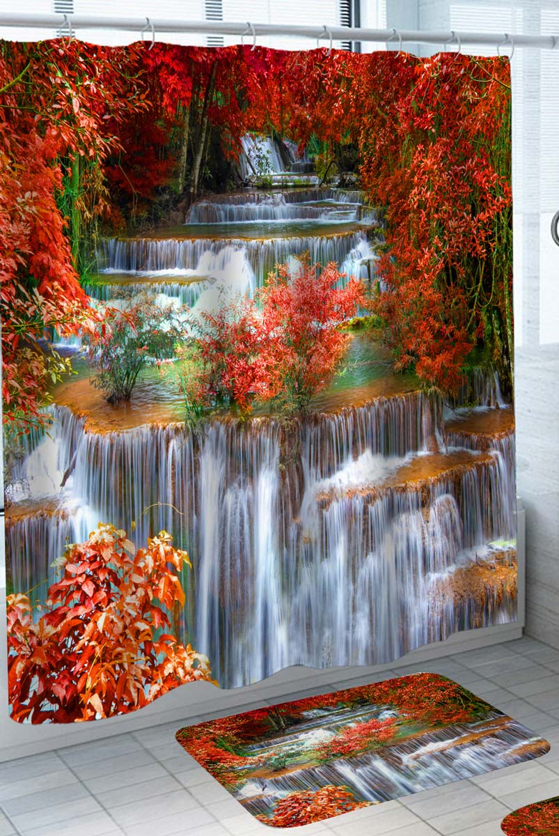 Red Autumn Leaves by the Waterfall Shower Curtain – Shower of Curtains