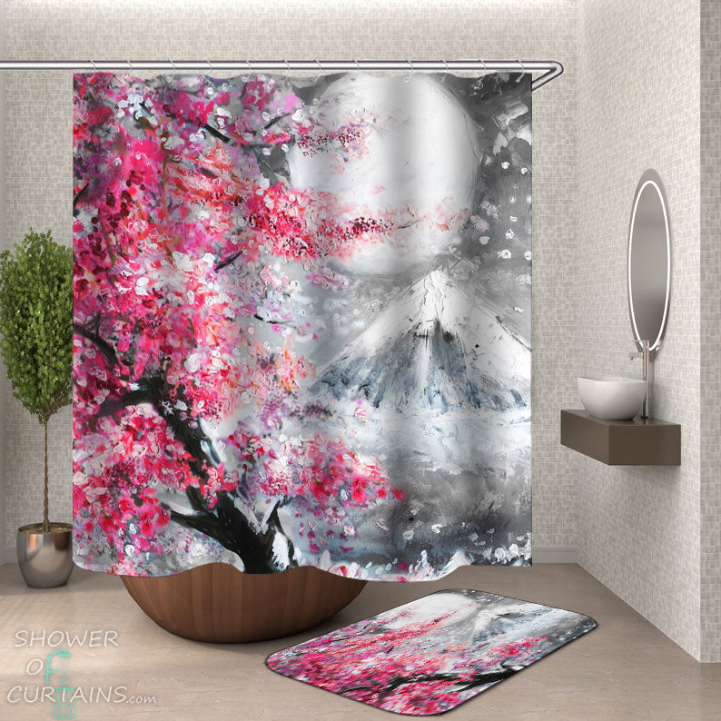  Shower Curtain, Japanese Pink Cherry Blossoms Floral