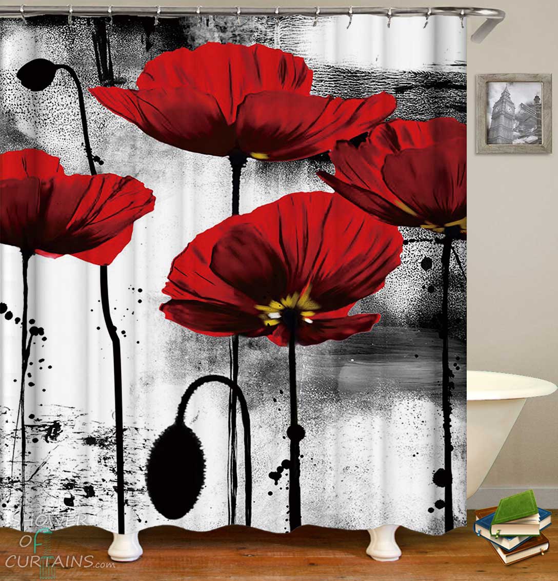 Poppy Black and Red Shower Curtain