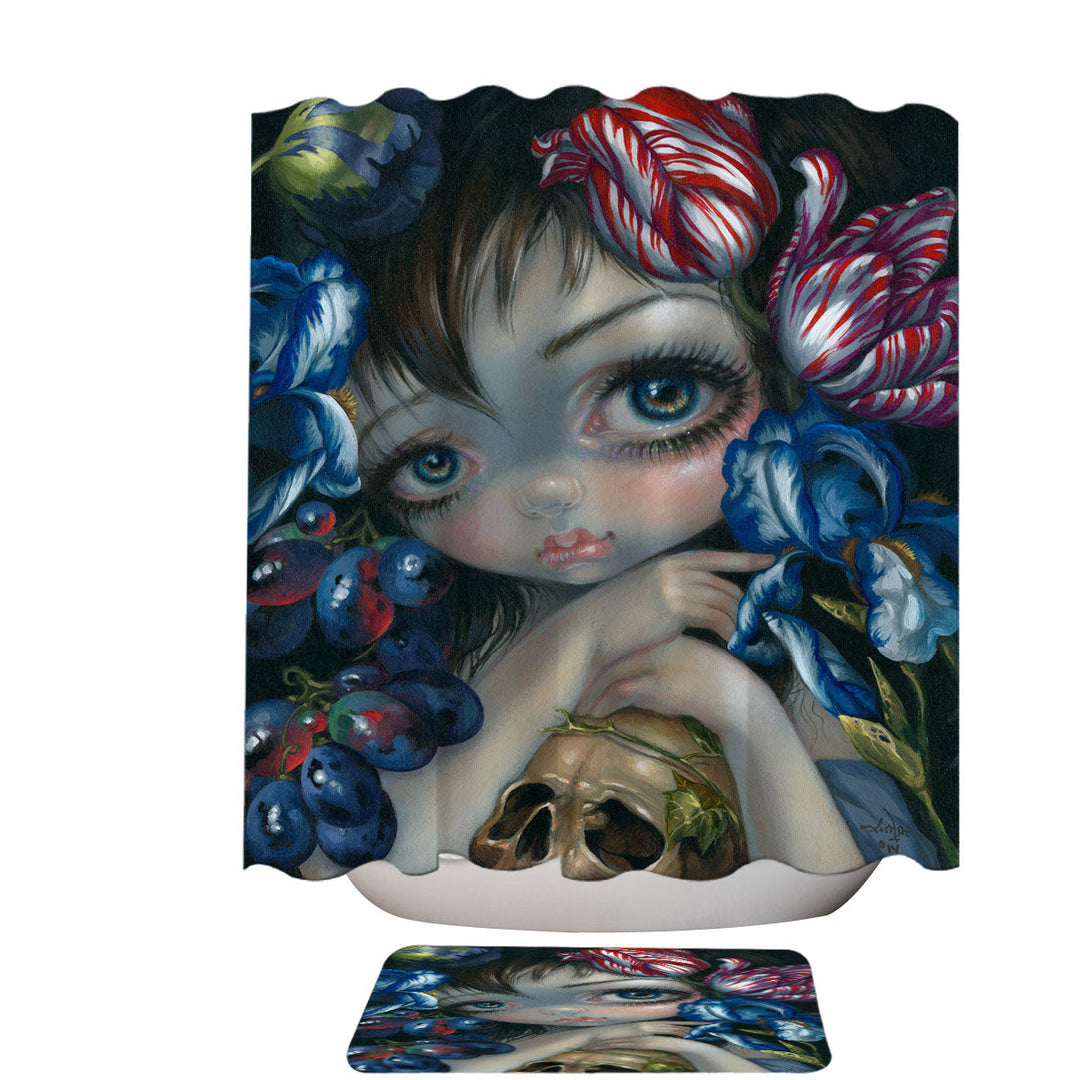 Art Painting Girl with Flower Blossom and Skull Shower Curtains