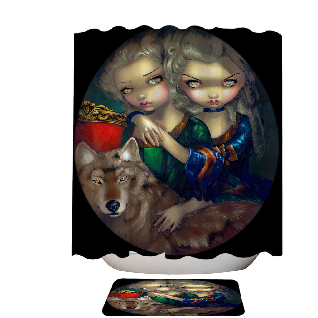 Art Shower Curtain Loup Garou Beautiful Girls Twins and Their Wolf