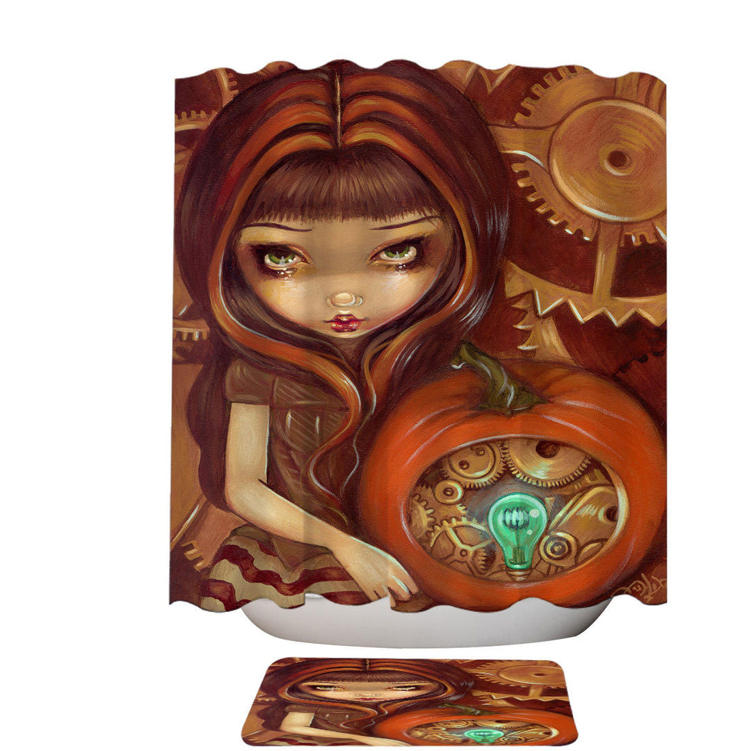 Autumn Colors Shower Curtains Girl a Clockwork Pumpkin