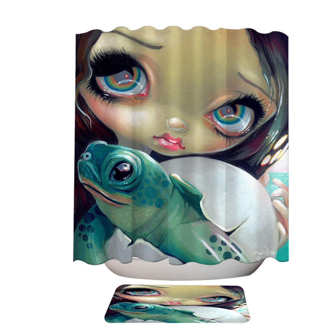 Baby Turtle Shower Curtain Faces of Faery _164 Cute Girl with Baby Turtle