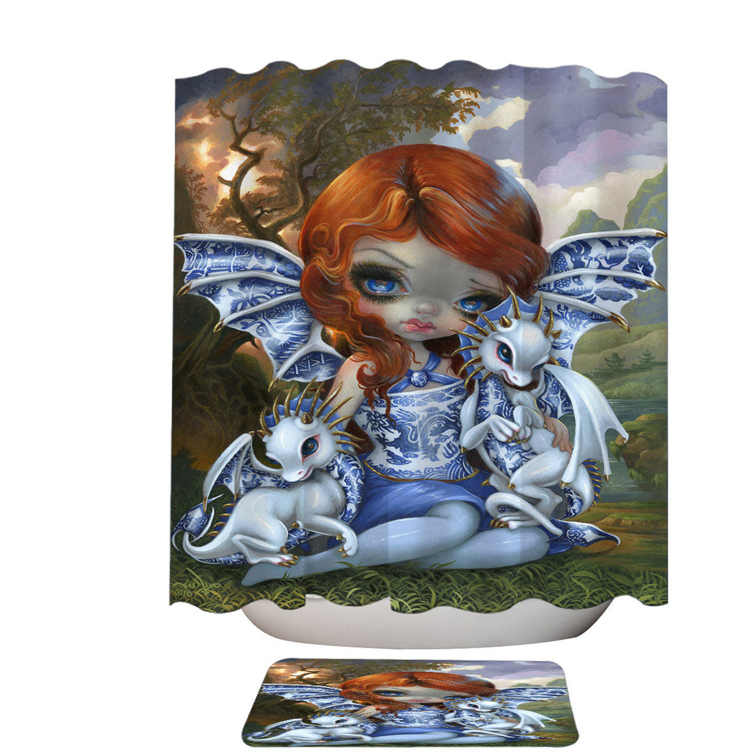 Beautiful Shower Curtains with Blue Willow Dragonlings Redhead Dragon Fairy