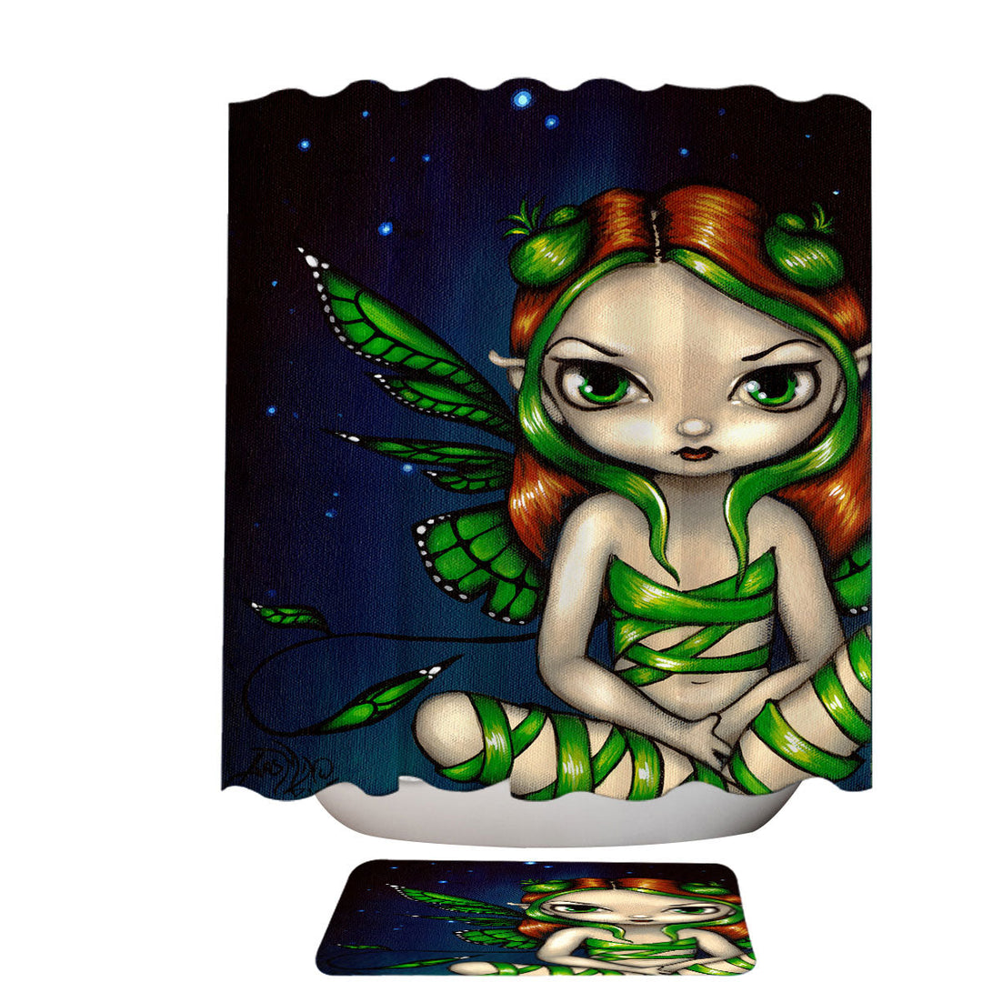 Big Eyed Green Ribbon Fairy Shower Curtains Made of Fabric