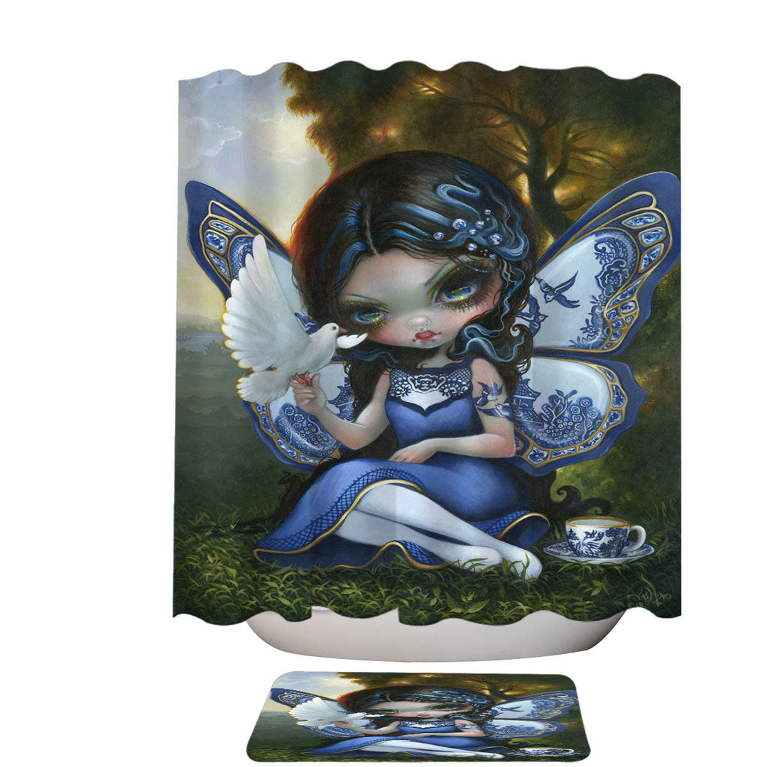 Blue Willow Fairy Porcelain Winged Fairy Shower Curtains