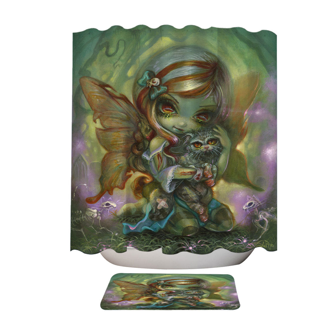 Cool Dark Art Shower Curtains My Zombie Kitty Dead Fairy and Cat