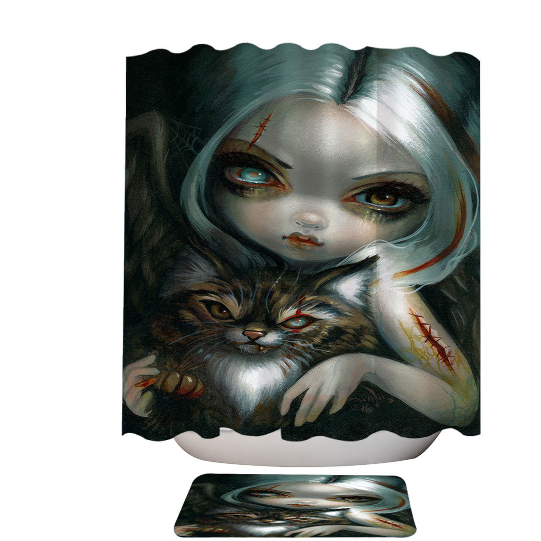 Cool Shower Curtains Scary Art Zombie Kitty and Pretty Zombie Girl