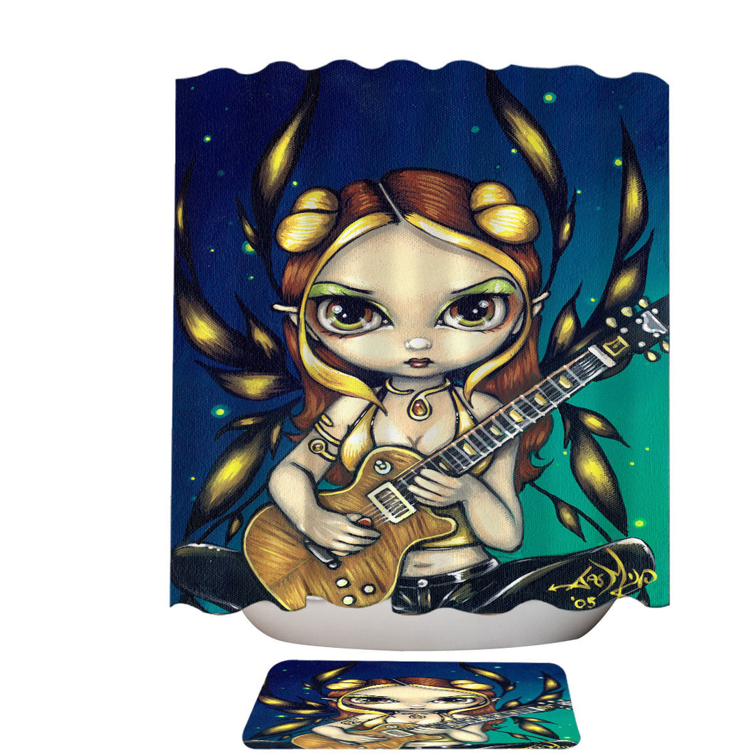 Cute Fantasy Golden Guitar Fairy Shower Curtains for Sale