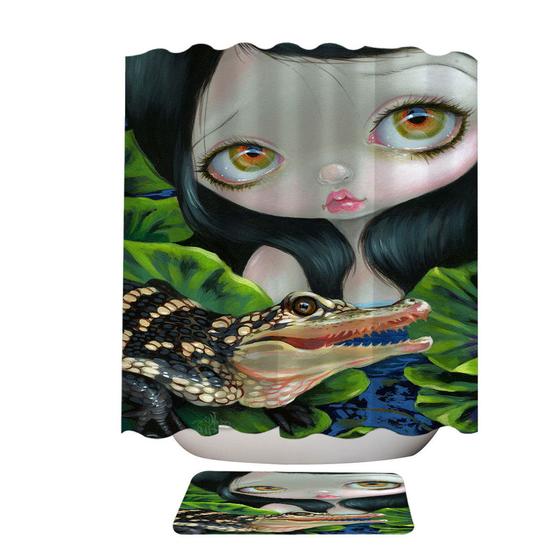 Cute Fantasy Mermaid with a Baby Alligator Shower Curtain