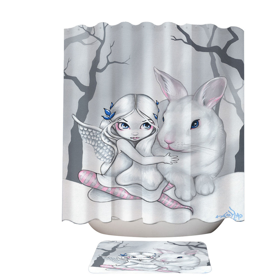 Cute Kids Shower Curtains Drawing Winter Fairy and Snow Bunny