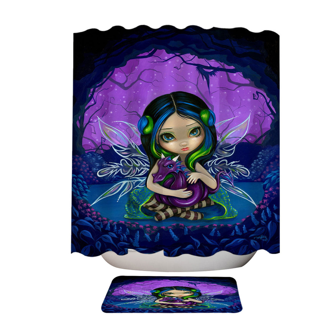 Cute Shower Curtain Fairy in the Purple Moonlit Dragonling Garden