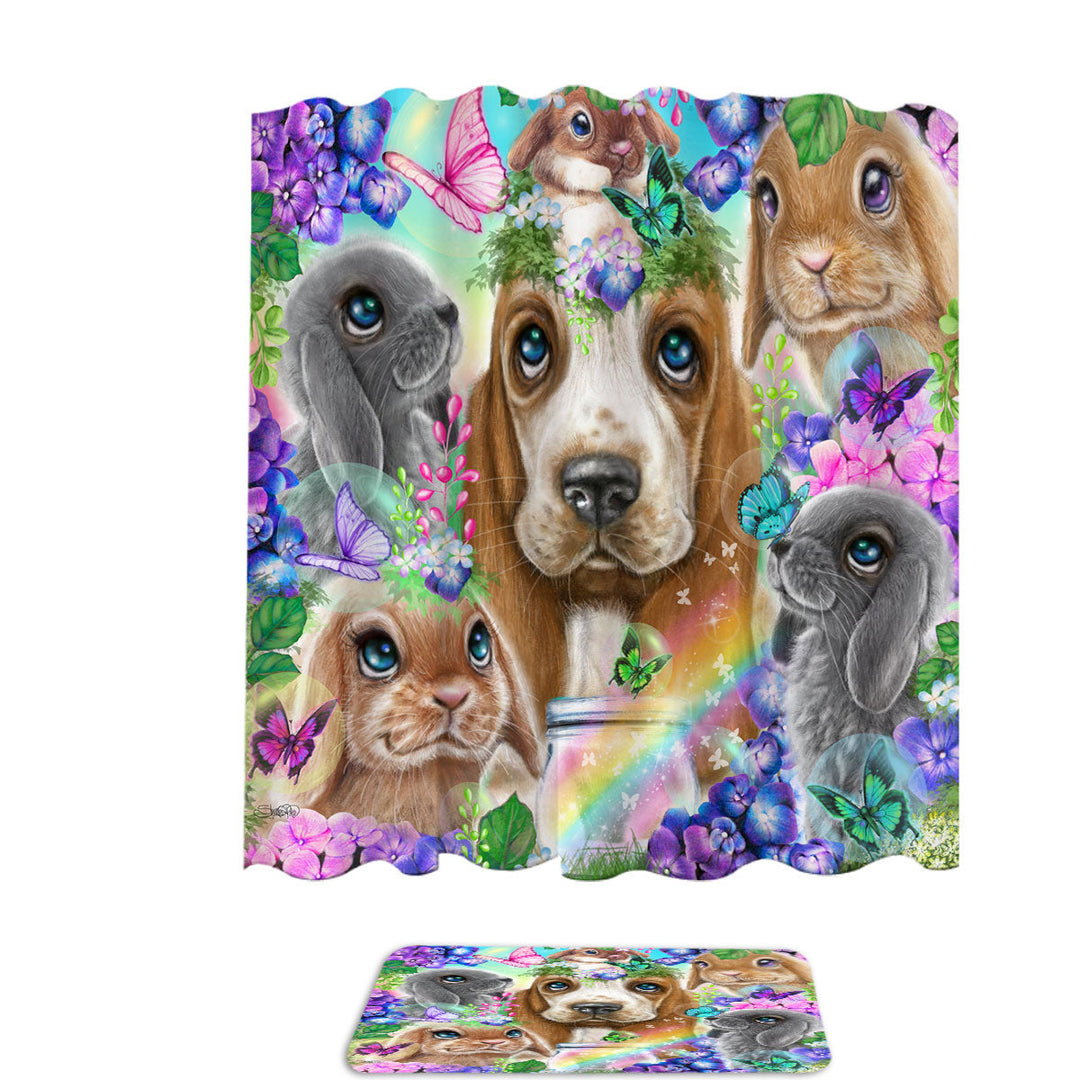 Cute Trendy Shower Curtains Basset Hound Bunnies and Butterflies