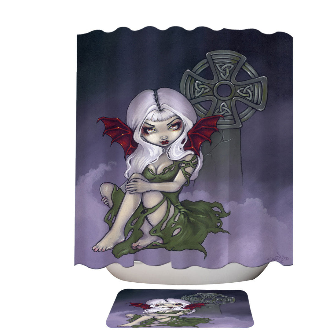 Dark Art Cemetery Mist Vampire Fairy and Celtic Cross Shower Curtain