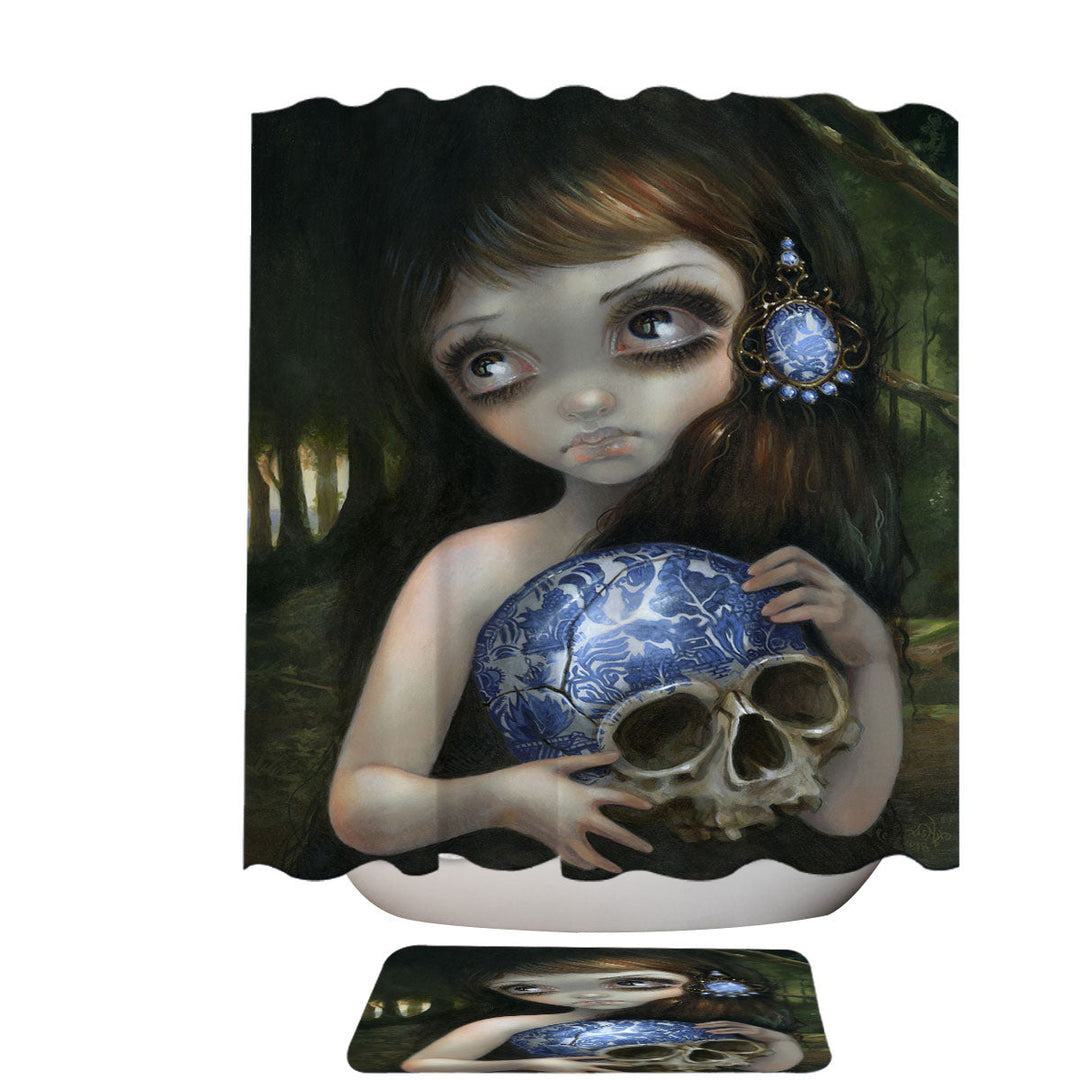 Dark Art Girl Shower Curtain with Porcelain Blue Willow Skull