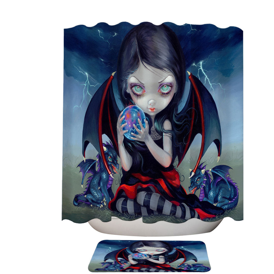 Dark Art Gothic Shower Curtain Dragon Fairy and Dark Dragonling