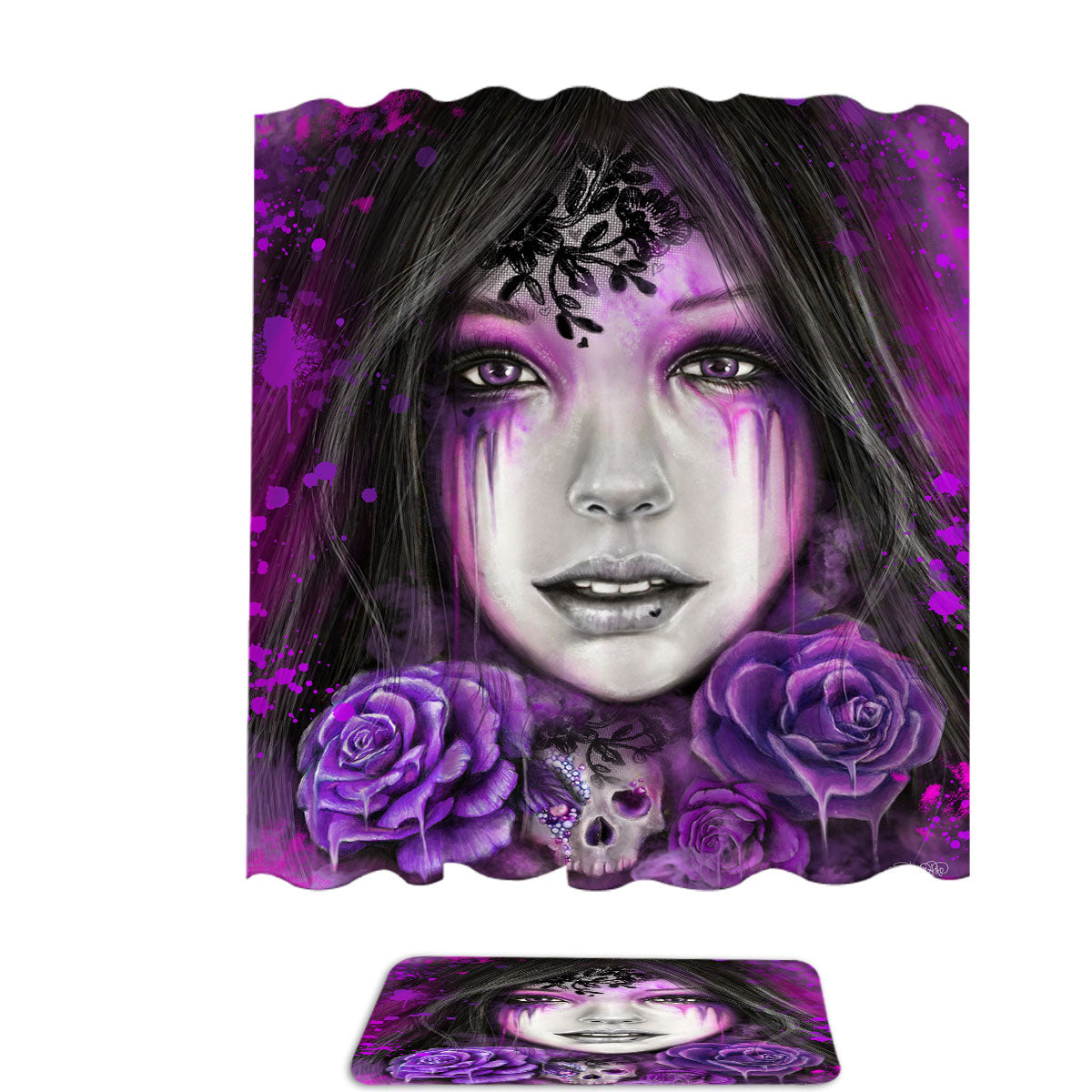 Gothic Blue Violet Roses Skull Head Tattoo Retro Flowers Scary Horror buy Vintage Halloween Spooky Night Bathroom Decor Gift Shower Curtains