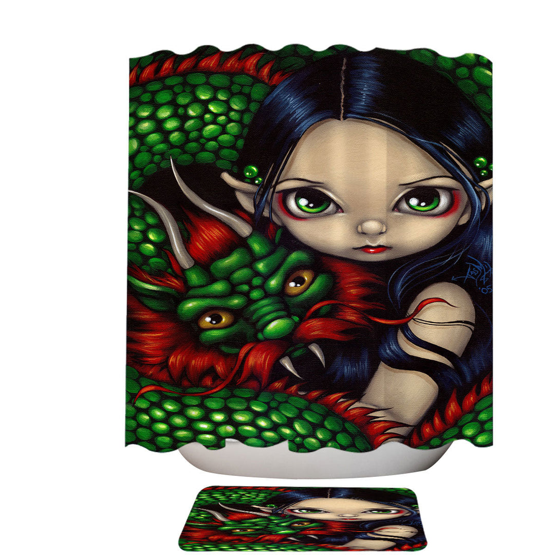 Emerald Guardian Elf Maiden and Her Chinese Dragon Shower Curtain