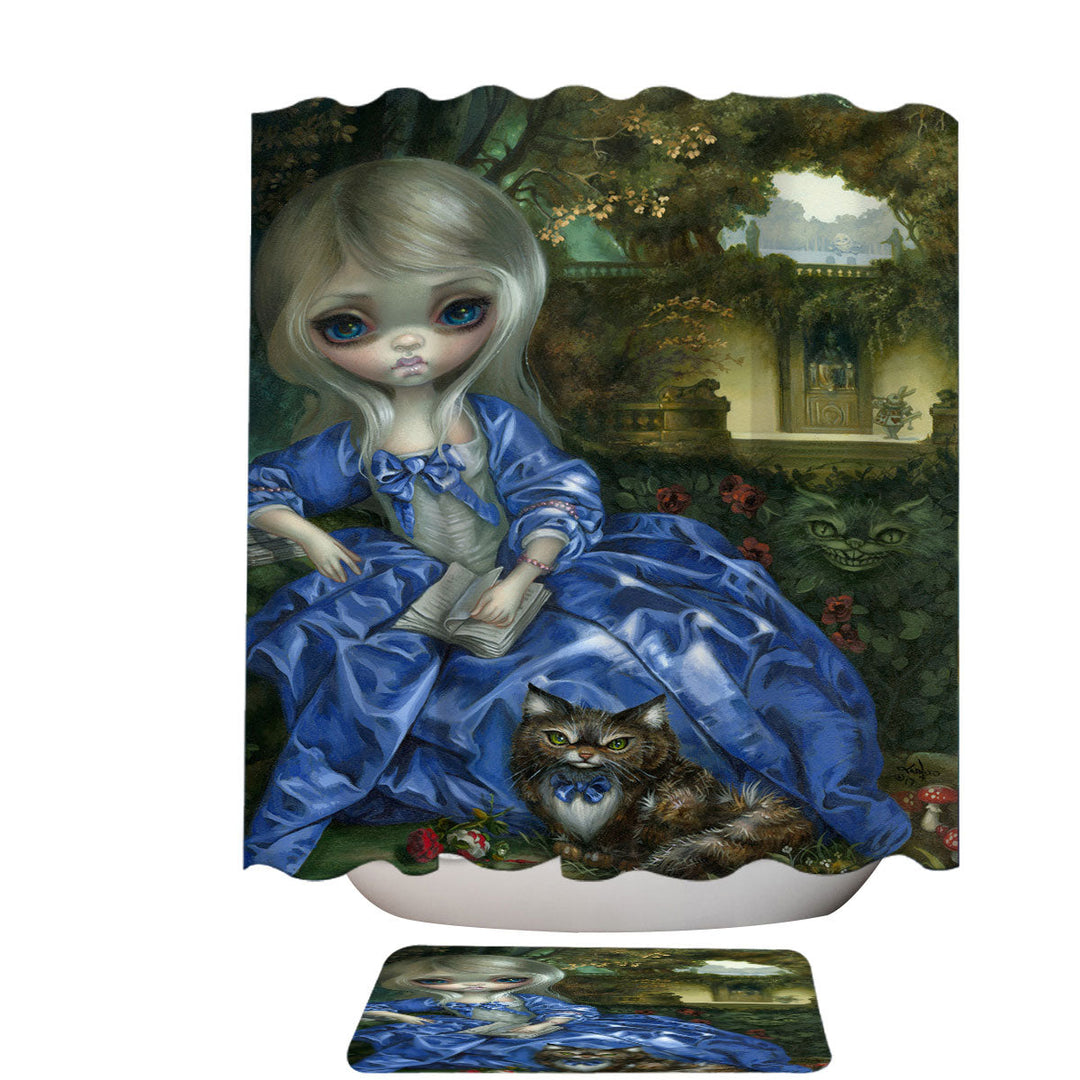 Fabric Shower Curtains with Alice and Cat Fairytale Daydreaming Wonderland