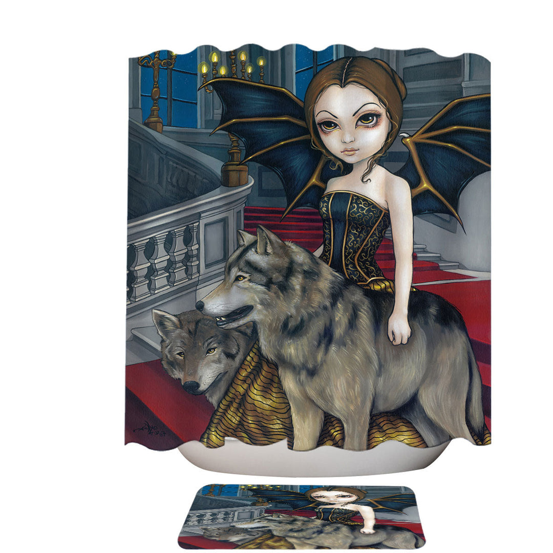 Fabric Shower Curtains with Wolf Manor Elegant Fairy Walking in the Mansion