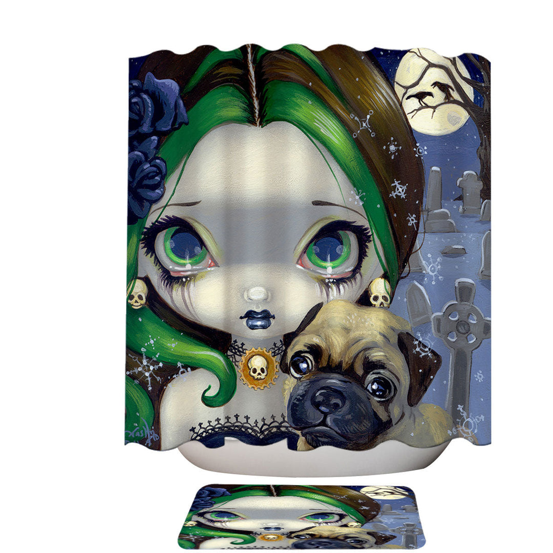 Faces of Faery _145 Cemetery Goth Girl and Pug Shower Curtain