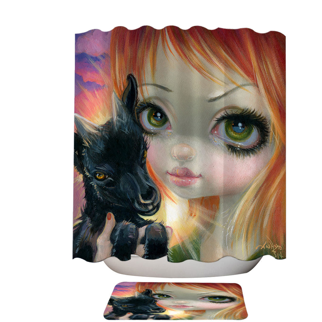 Faces of Faery _224 Sunset Girl with Her Baby Goat Shower Curtain