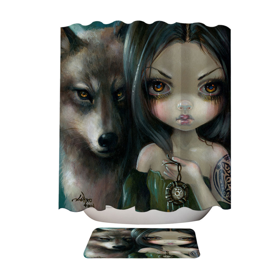Faces of Faery _226 Native Goth Girl with Her Wolf Fabric Shower Curtains
