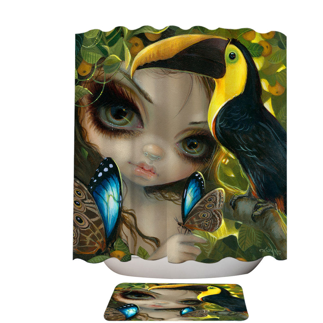 Faces of Faery _236 Tropical Girl and Her Toucan Shower Curtain