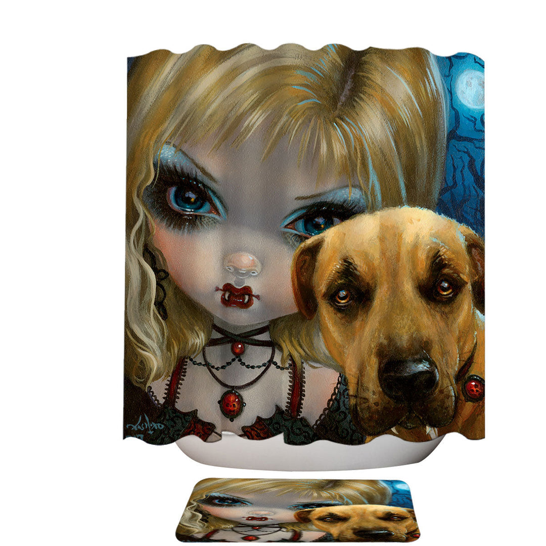 Faces of Faery _241 Dog with Gothic Vampire Girl Trendy Shower Curtains