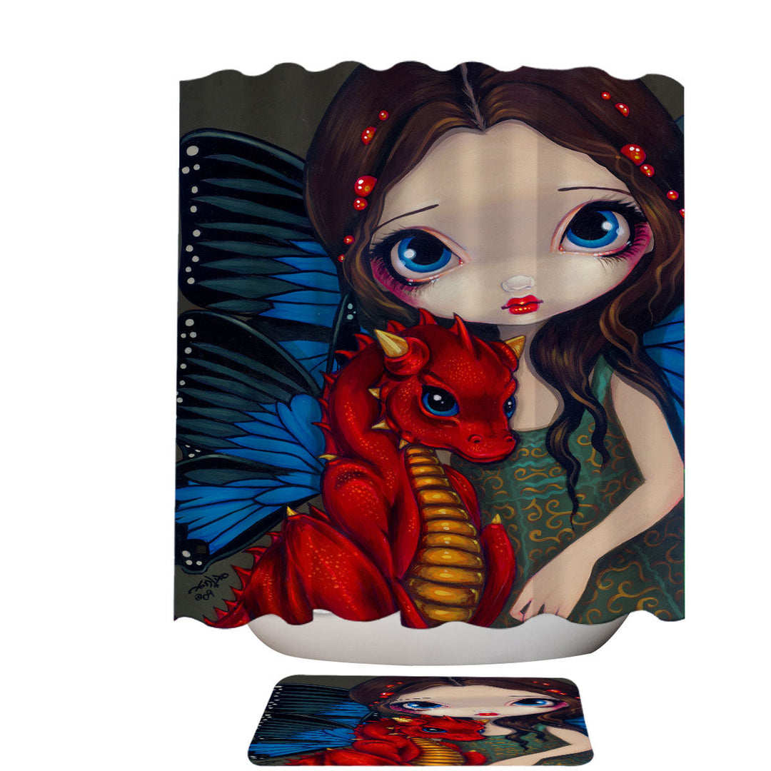 Fantasy Art Girl and Baby Red Dragon Shower Curtain