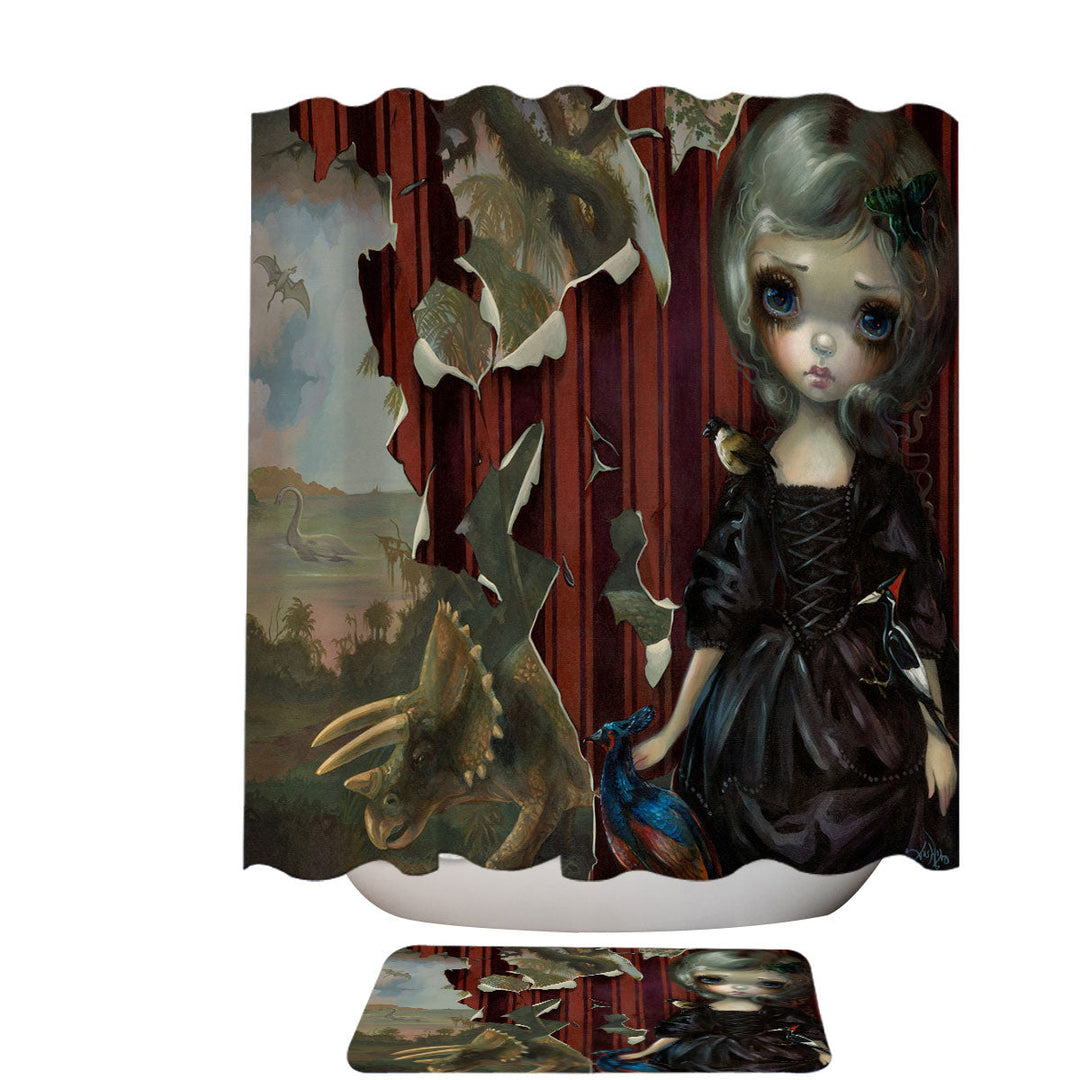 Fine Art Shower Curtains Black Dress Girl Dinosaur Friends Requiem