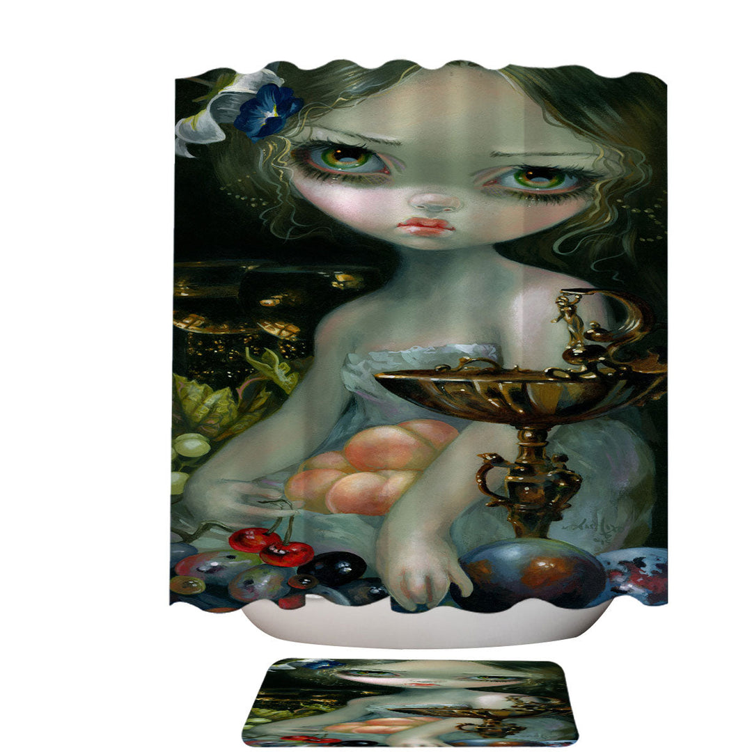 Fine Art Trendy Shower Curtains Girl with Fruits and Golden Chalice