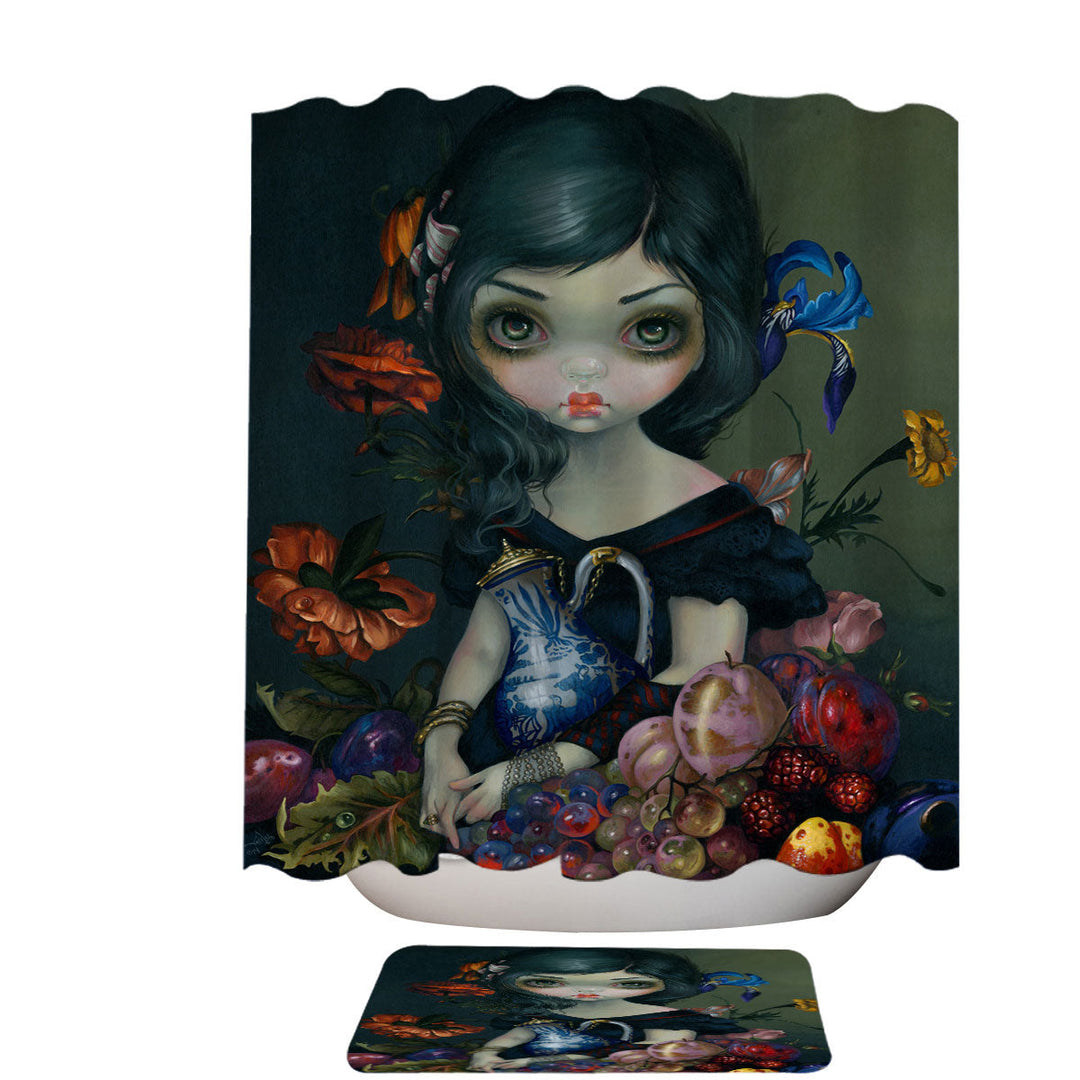 Fine Art Trendy Shower Curtains with Girl Portrait with Fruits and Flowers