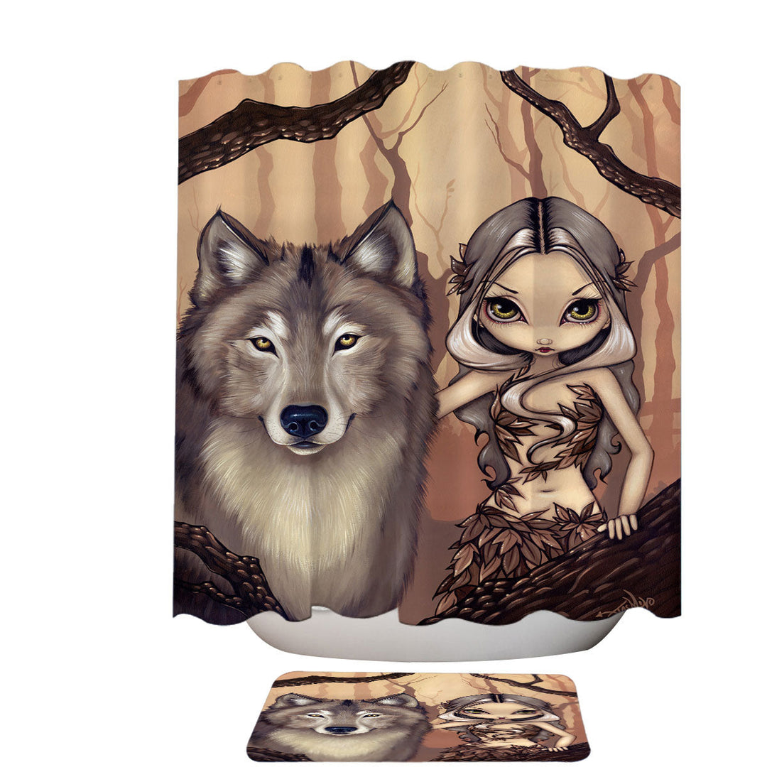 Forest Elf Girl and Her Wolf Shower Curtains for Sale