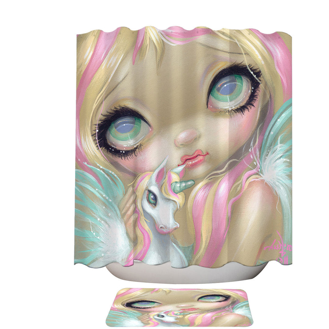 Girly Shower Curtains Faces of Faery _178 Big Eyed Pinkish Girl Unicorn