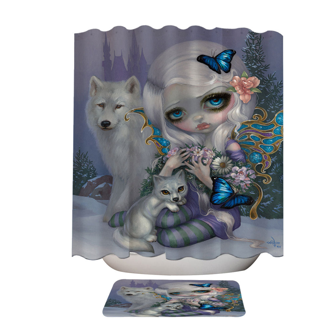 Girly Shower Curtains Winter Fairy with Two White Wolves and Butterflies