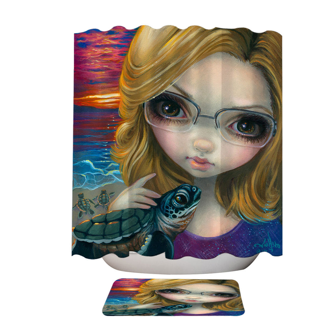 Glasses Shower Curtain Faces of Faery _237 Glasses Girl and Sunset Turtles