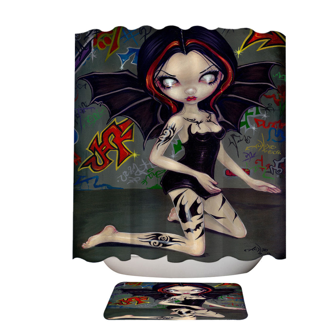 Goth Shower Curtains Bat Fairy Girl with Bat Tattoos