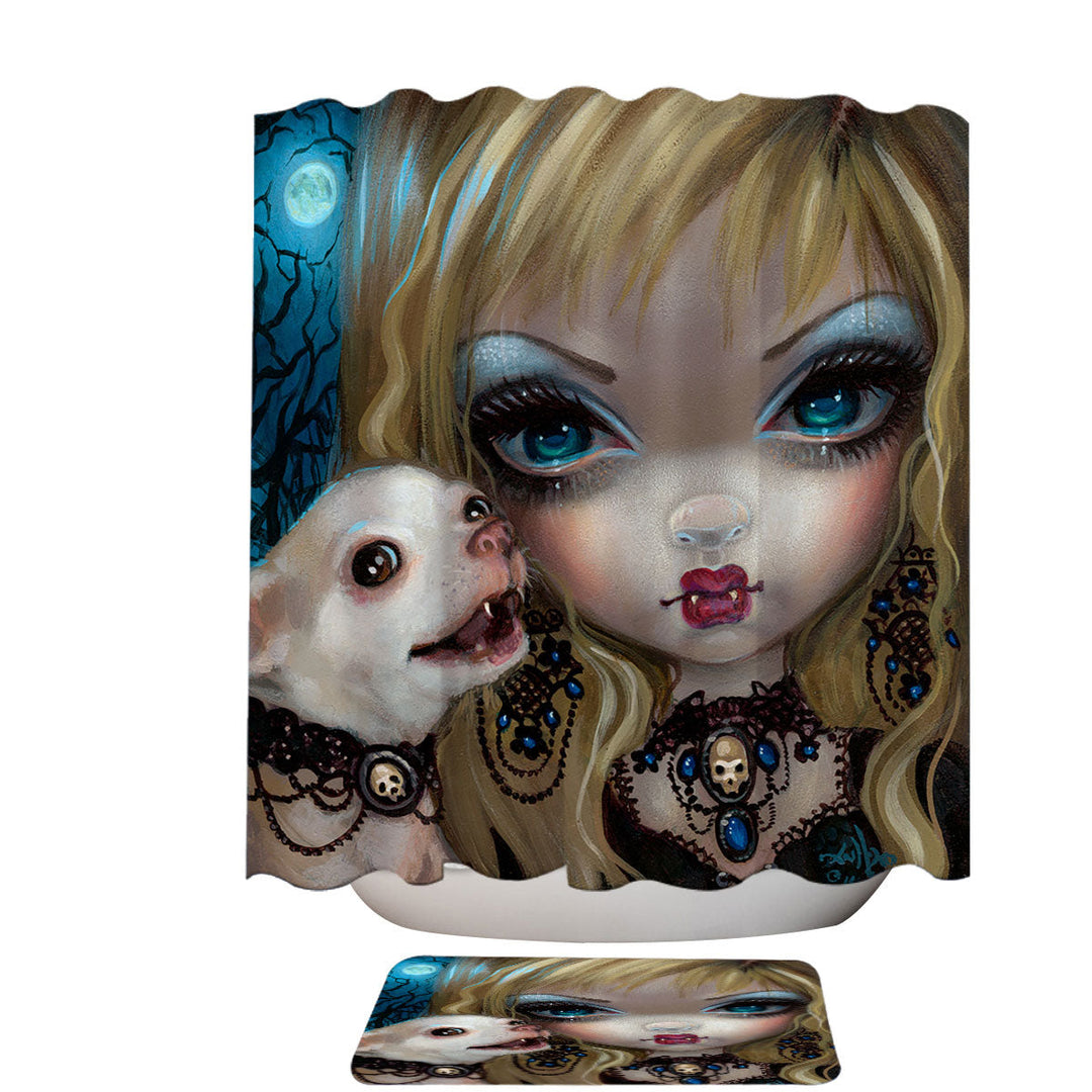 Gothic Vampire Shower Curtains Faces of Faery _235 Gothic Vampire Girl and Her Dog