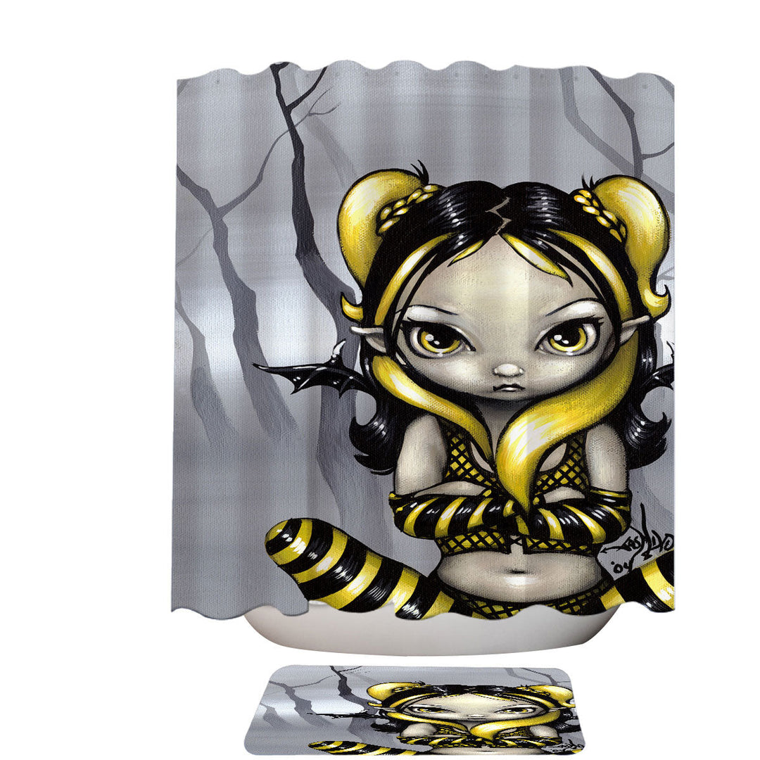 Gothling Bumblebee Shower Curtain Goth Elf Girl in Eerie Forest