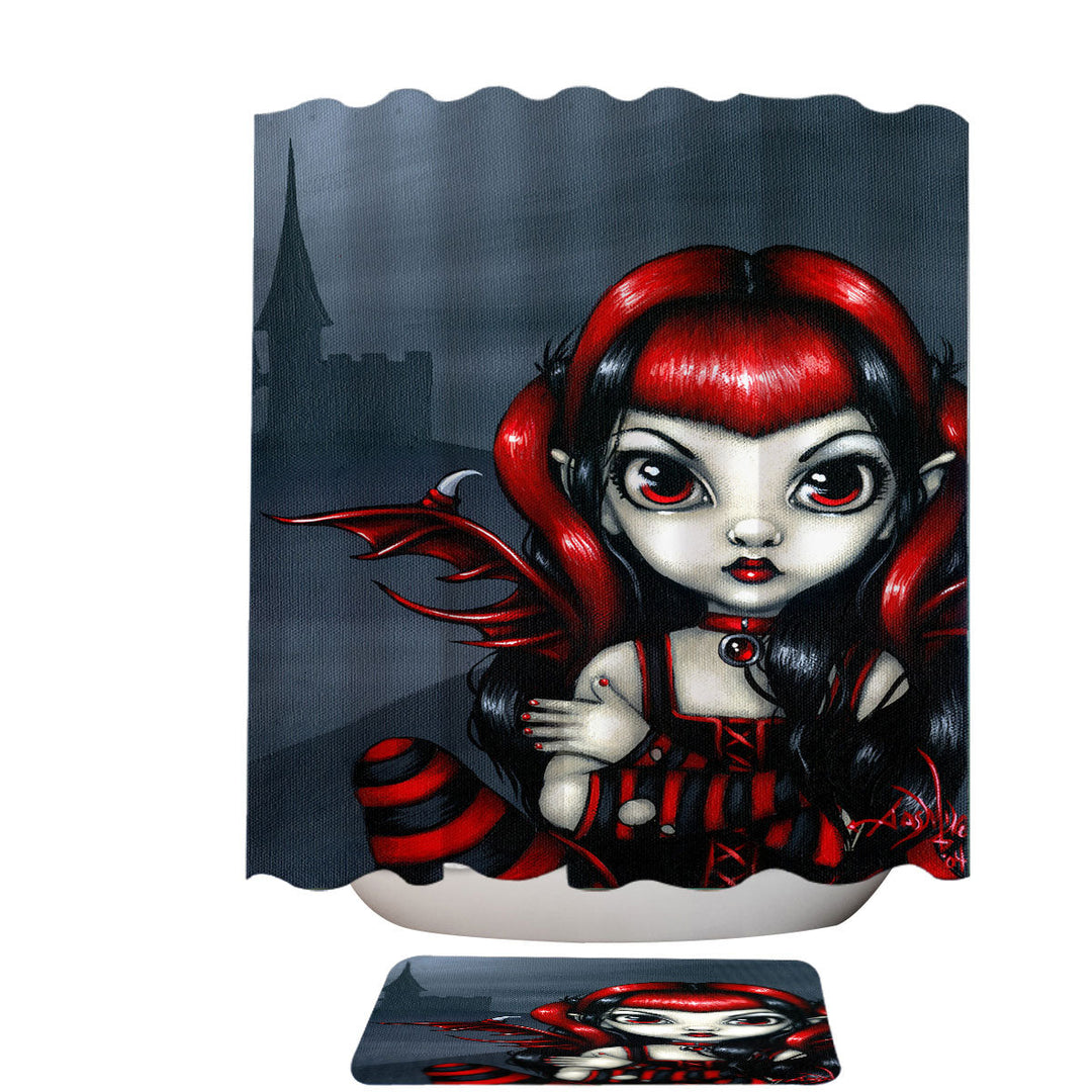 Gothling Shower Curtain Cute Red Black Goth Fairy and Castle