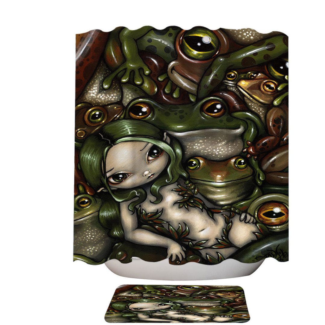 Green Haired Nature Girl Bed of Frogs Shower Curtains