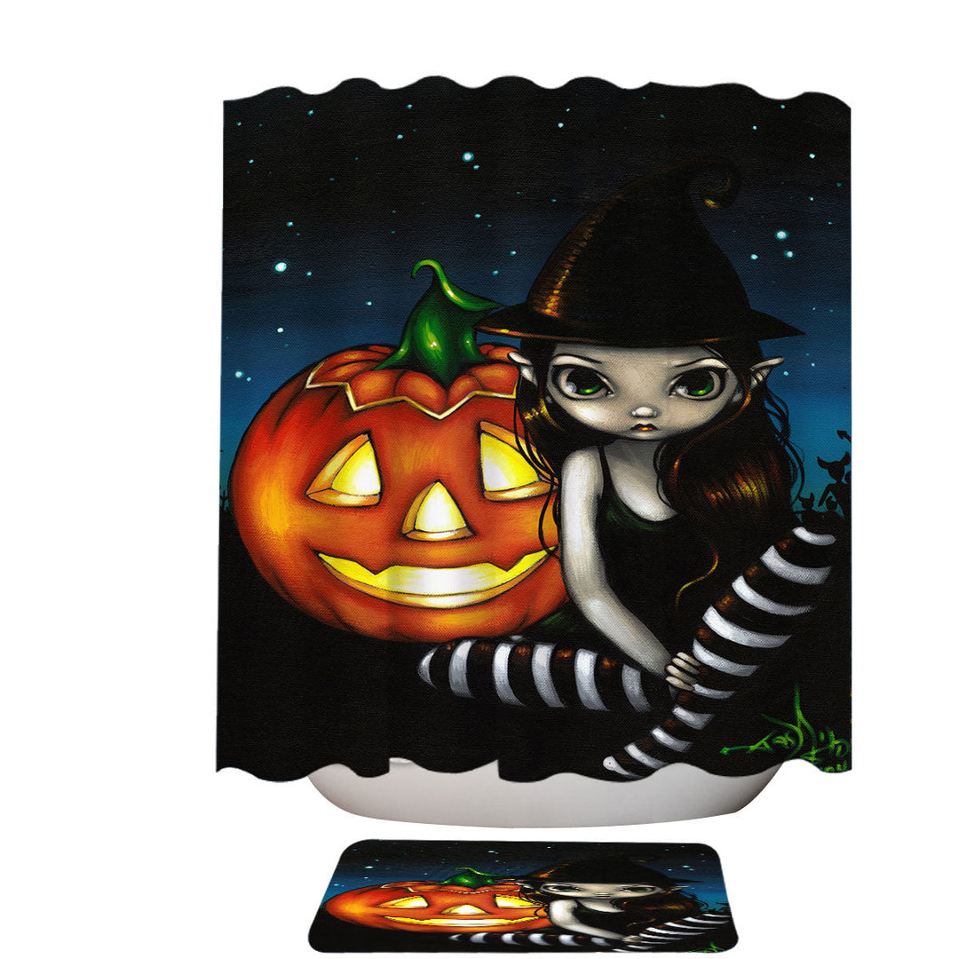 Halloween Decorative Shower Curtains Night Big Eyed Witch and Pumpkin