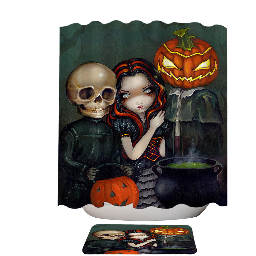 Halloween Fabric Shower Curtains Out Trick or Treating Witch and Skeleton