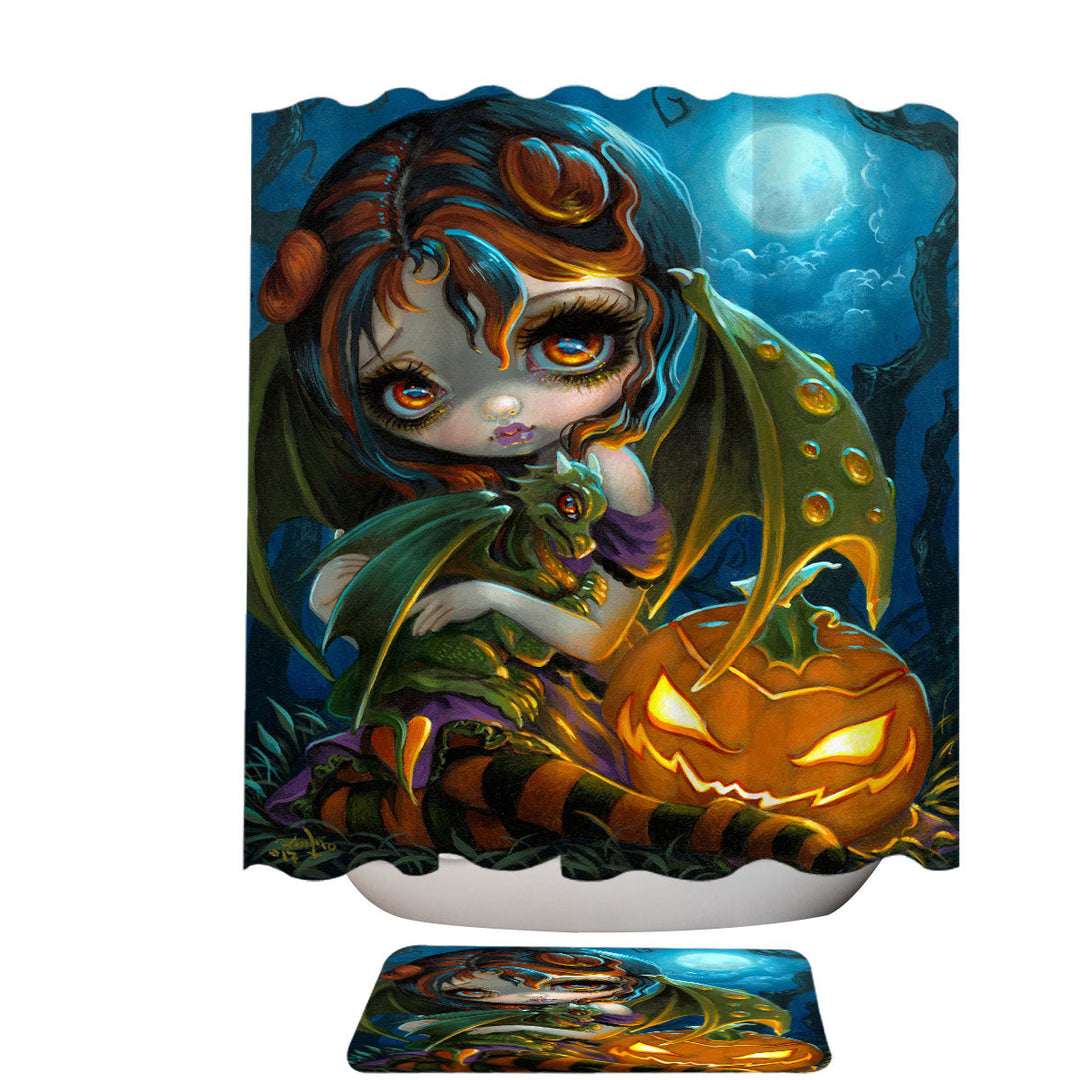 Halloween Shower Curtain Dragonling Scary Pumpkin and Dragon Fairy