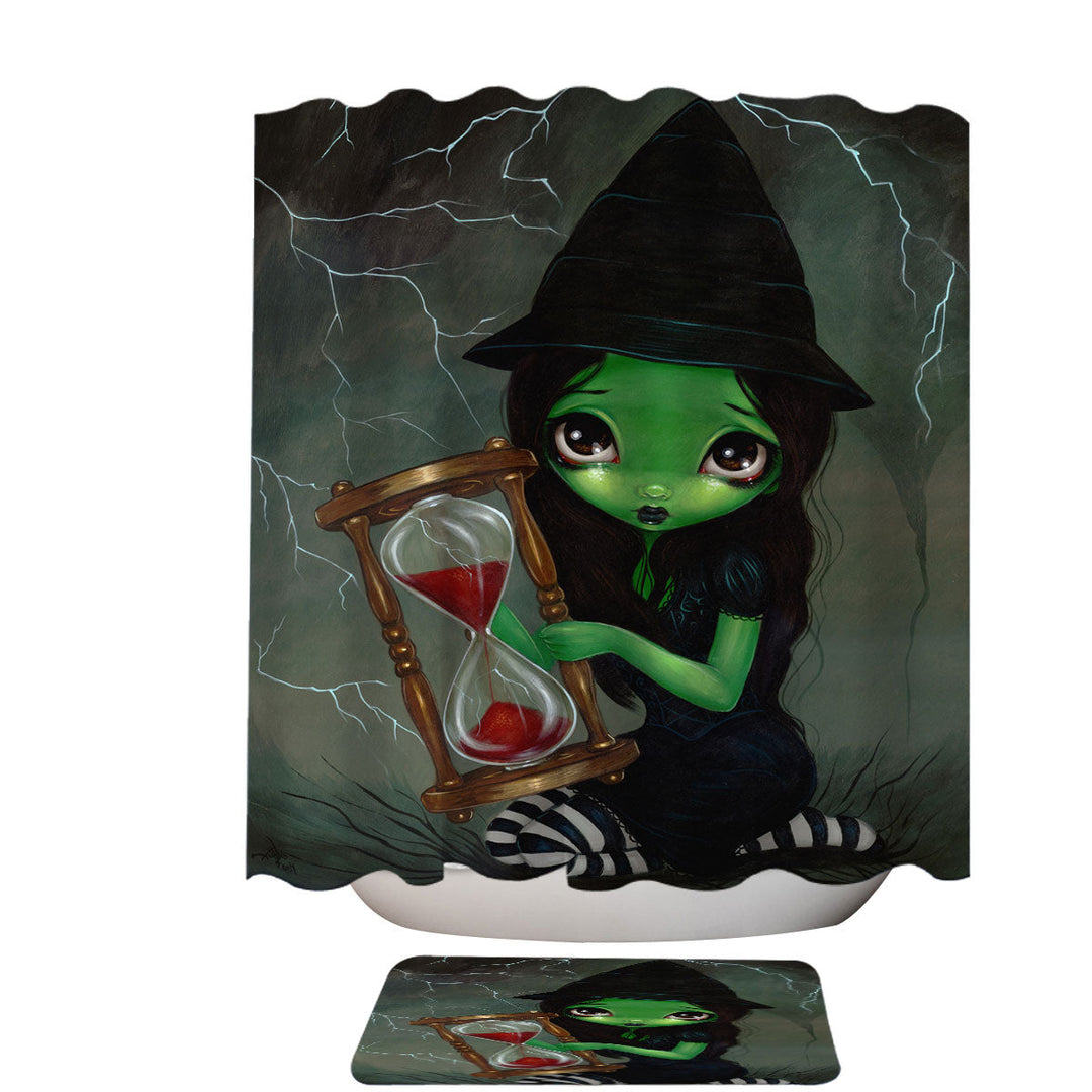 Halloween Theme Shower Curtains Wicked Witch and Her Hourglass