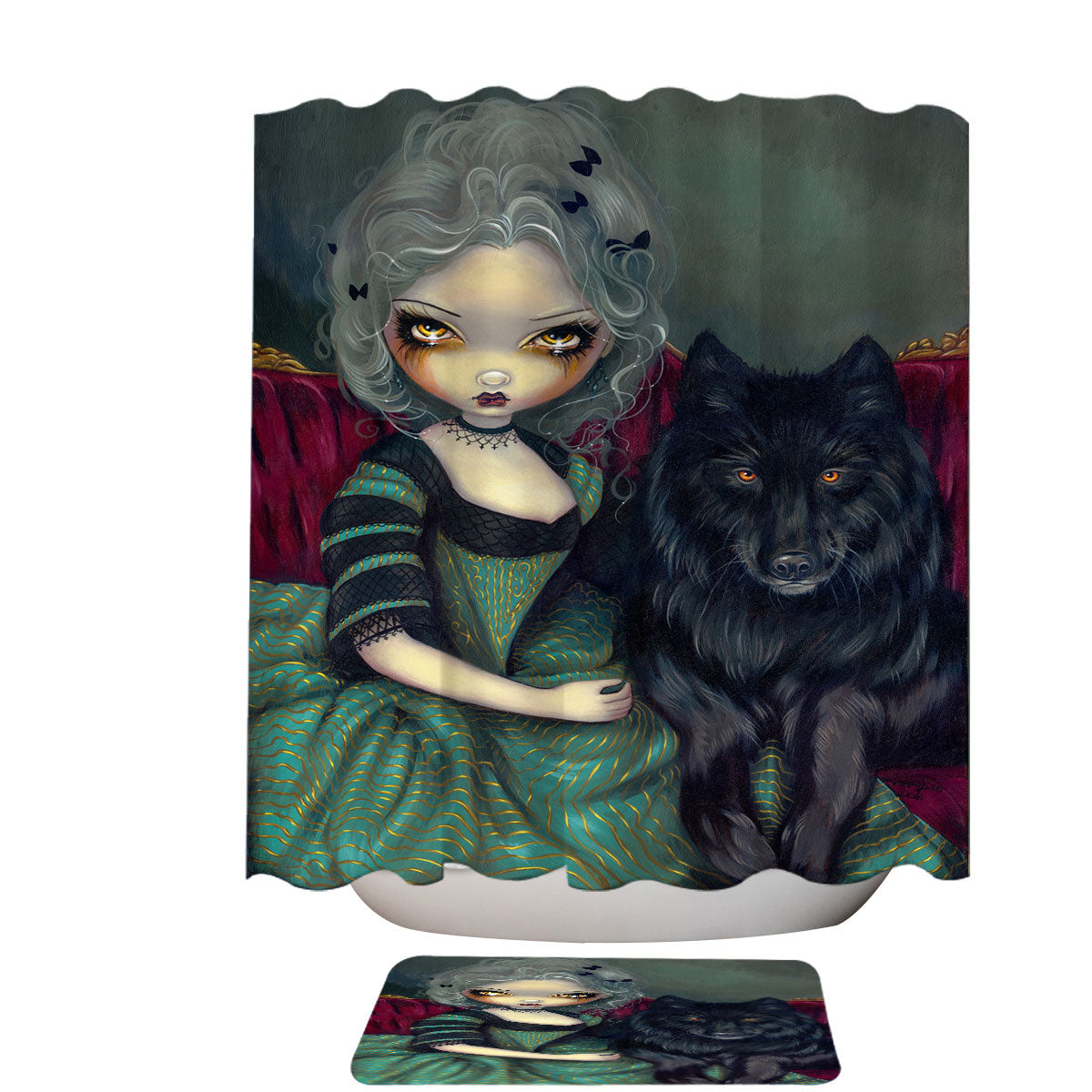 Loup Garou Beautiful Gothic Lady and Black Wolf Shower Curtain – Shower ...