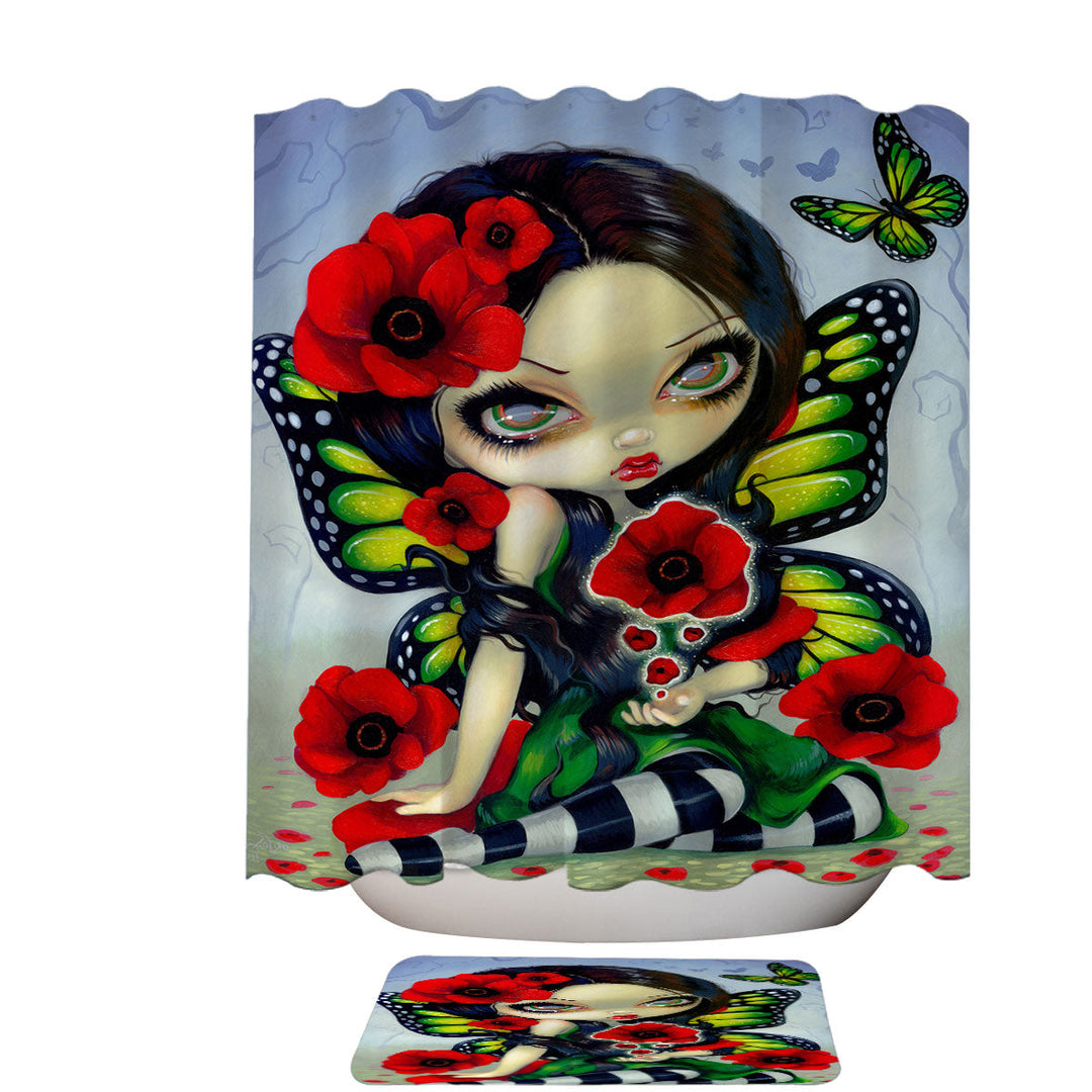 Lovely Big Eyed Butterfly Fairy with Red Poppies